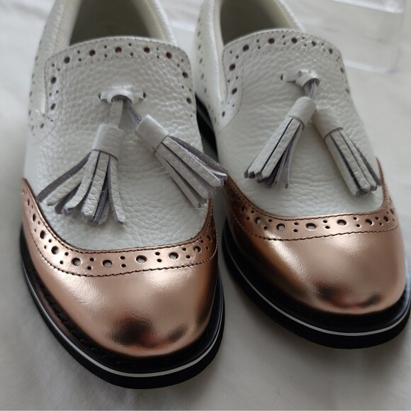 G/Fore GG Golf Shoes Girl's Sz 5.5 US, White Rose Gold Leather Cushioned Preppy - Picture 6 of 10
